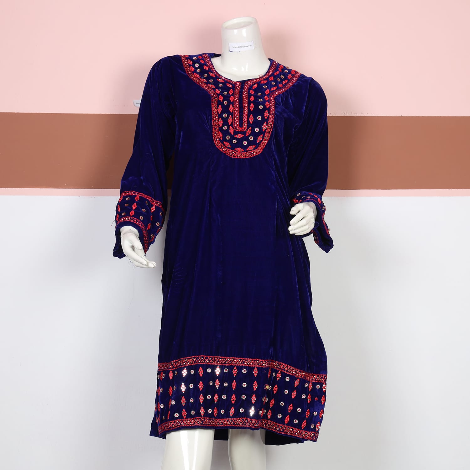 Royal Blue Velvet Dress with Red Tribal Embroidery
