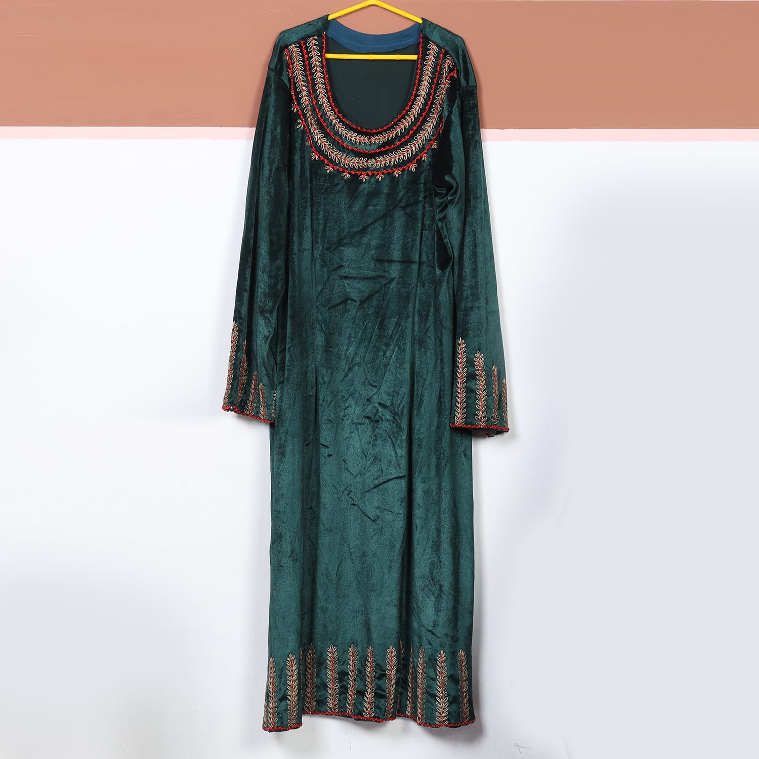 Emerald Elegance Velvet Embroidered Dress