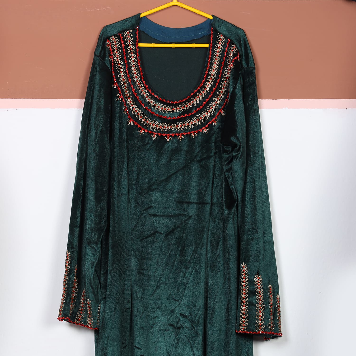 Emerald Elegance Velvet Embroidered Dress