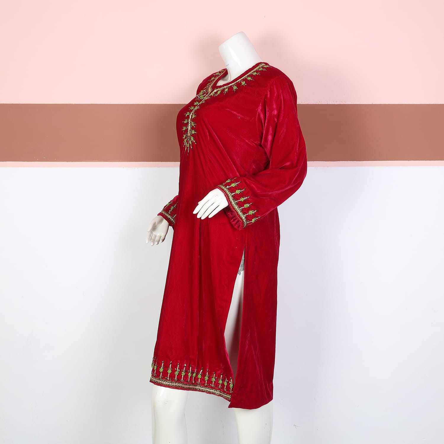 Red Velvet Afghan Dress with Green and Gold Embroidery