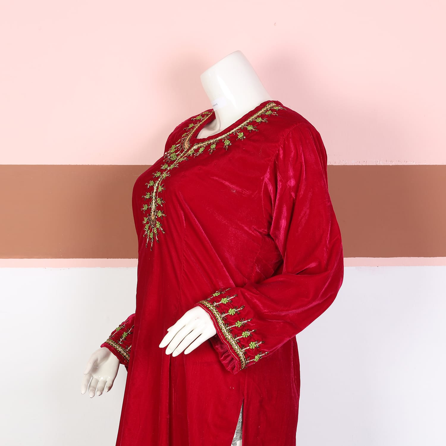 Red Velvet Afghan Dress with Green and Gold Embroidery