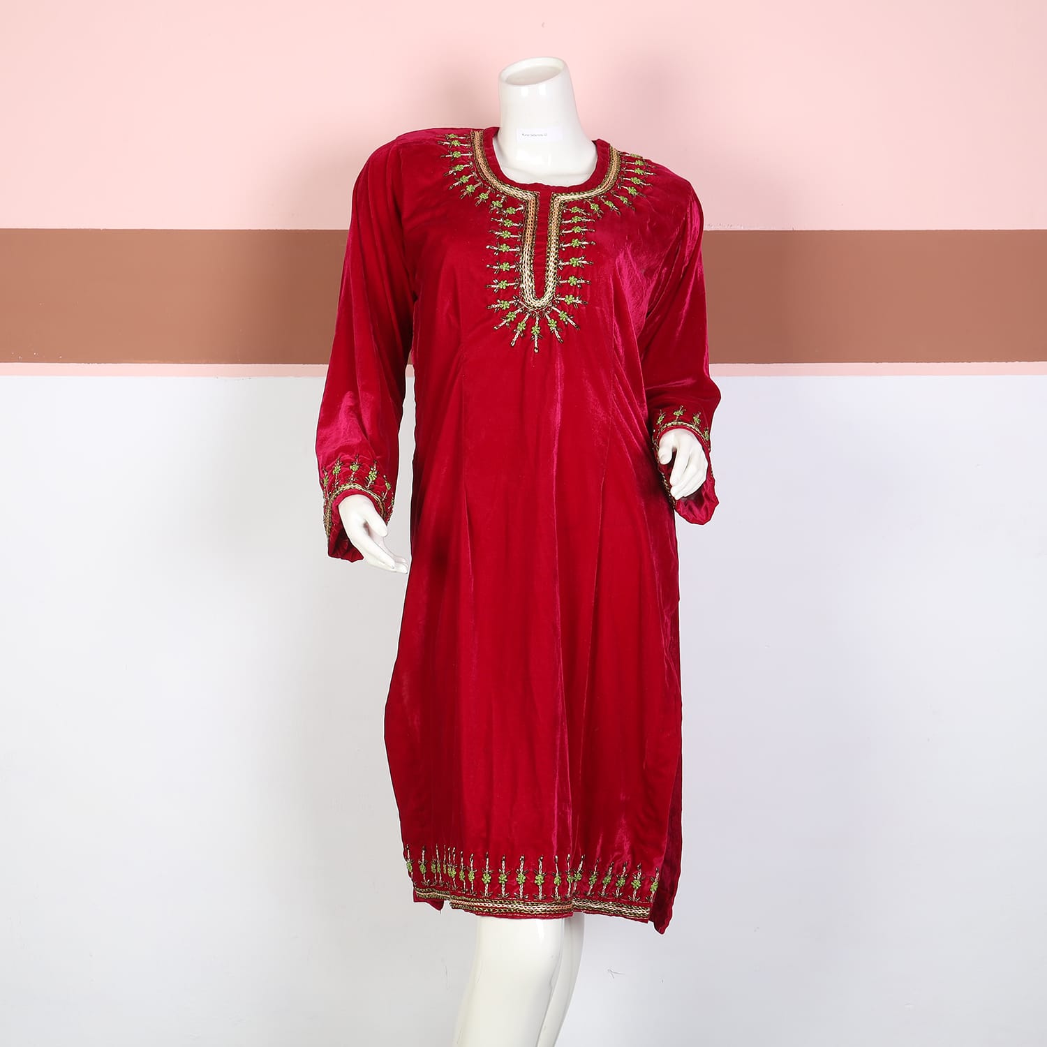 Red Velvet Afghan Dress with Green and Gold Embroidery