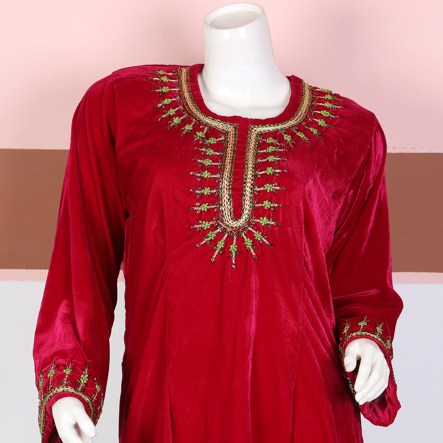 Red Velvet Afghan Dress with Green and Gold Embroidery