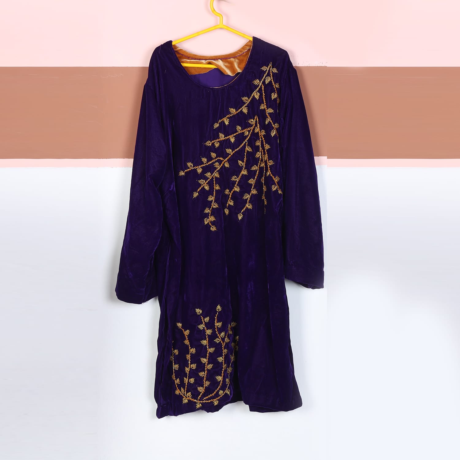 Purple Velvet Afghan Dress with Gold Branch Embroidery