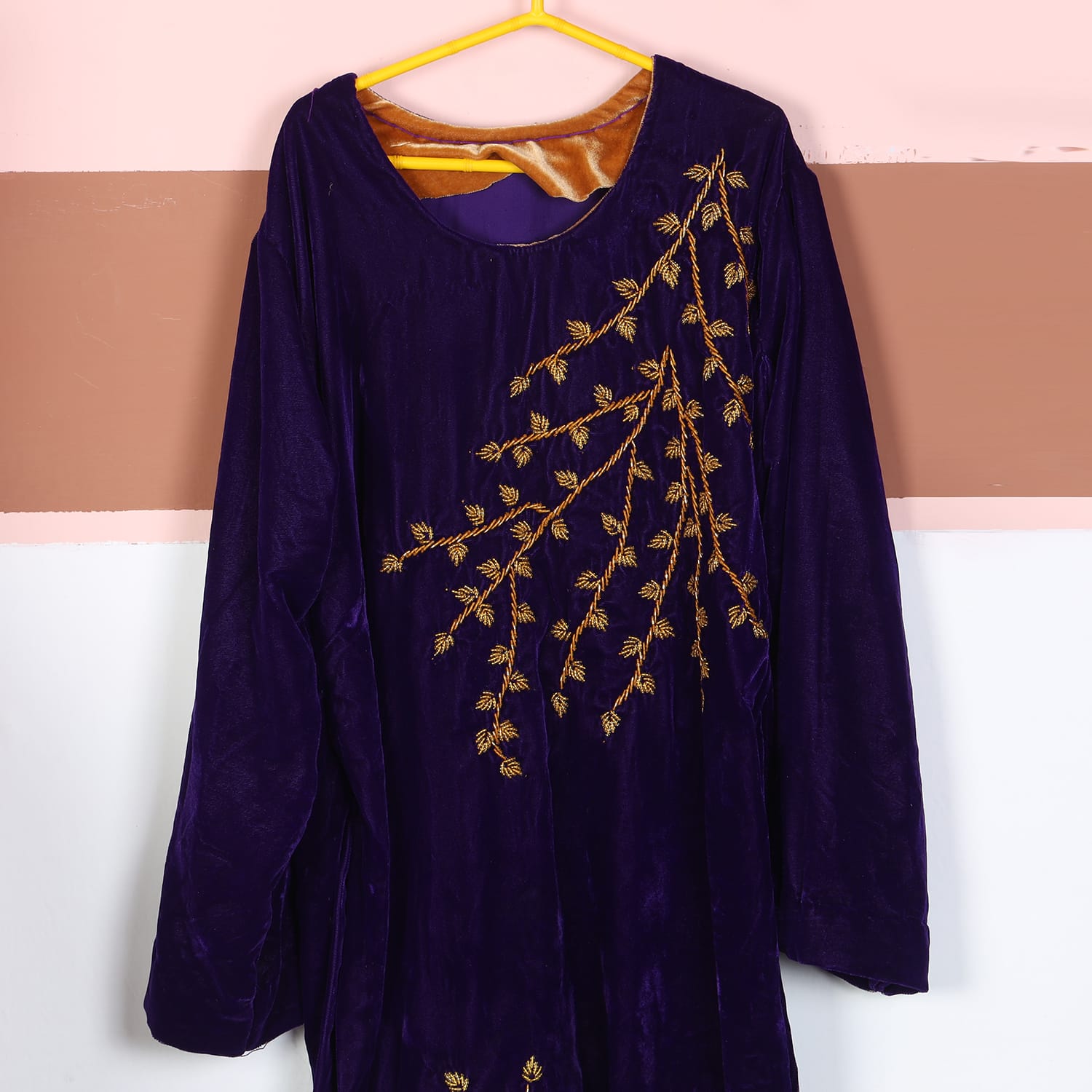 Purple Velvet Afghan Dress with Gold Branch Embroidery