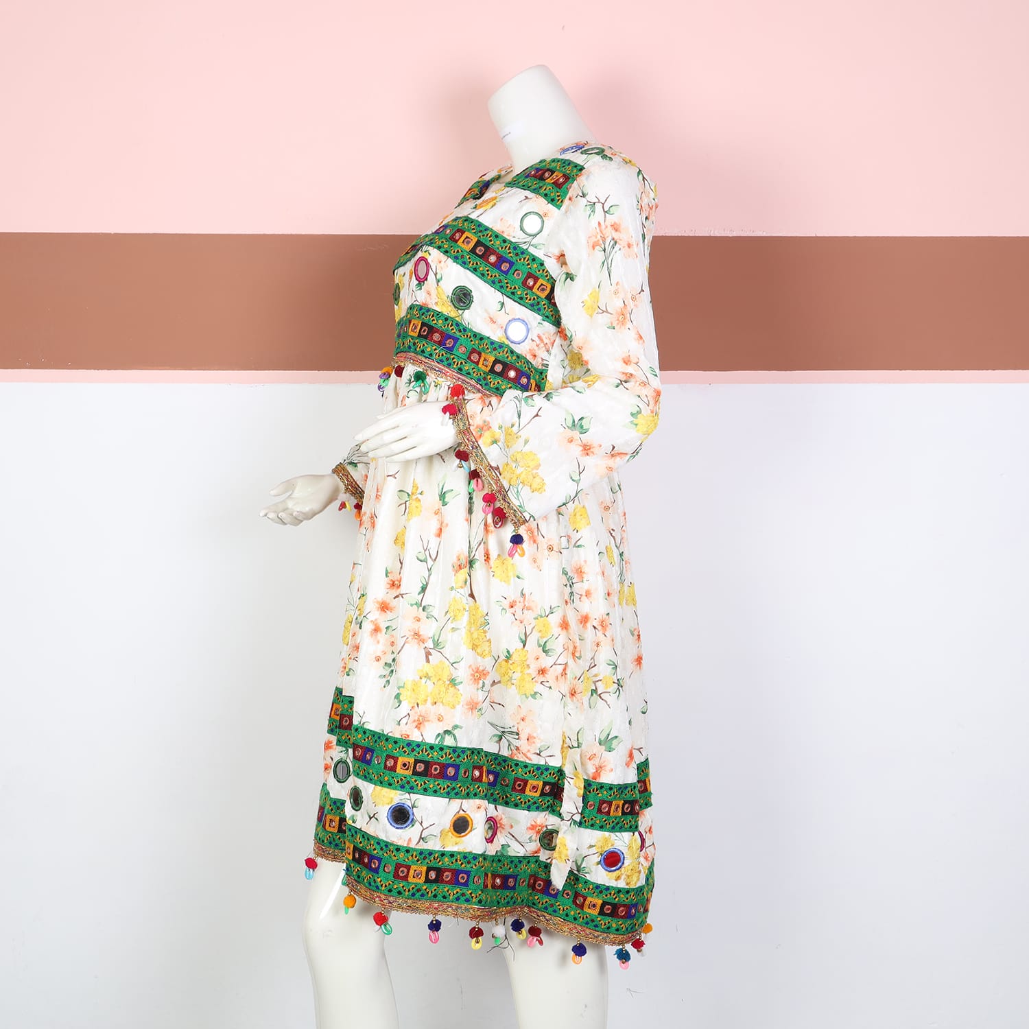 Floral Printed White Afghan Dress with Multicolor Mirror and Pom-Pom Embellishments