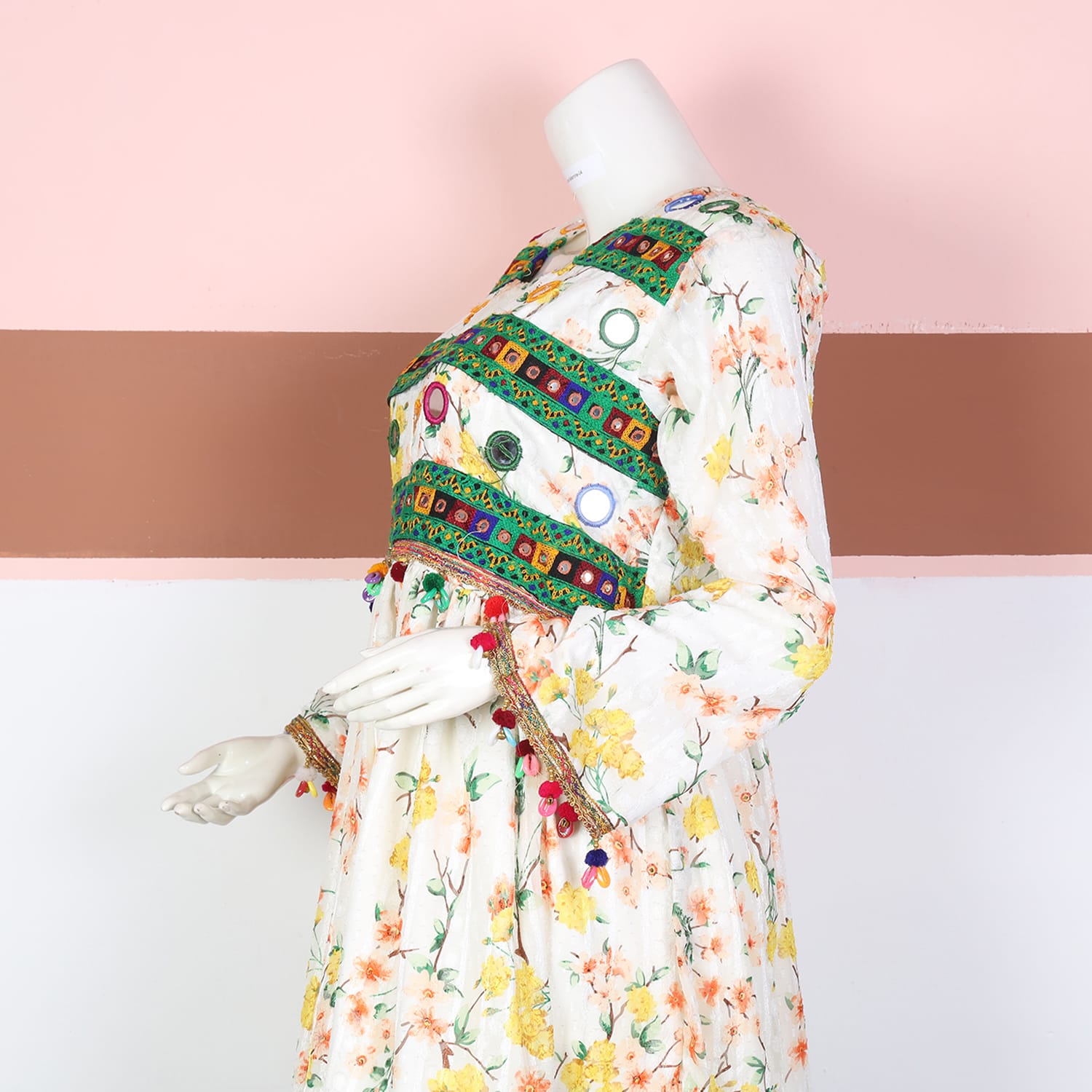 Floral Printed White Afghan Dress with Multicolor Mirror and Pom-Pom Embellishments