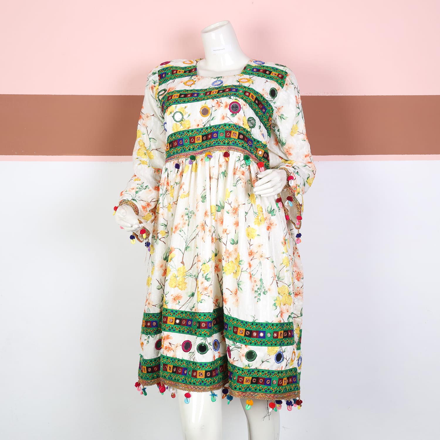 Floral Printed White Afghan Dress with Multicolor Mirror and Pom-Pom Embellishments