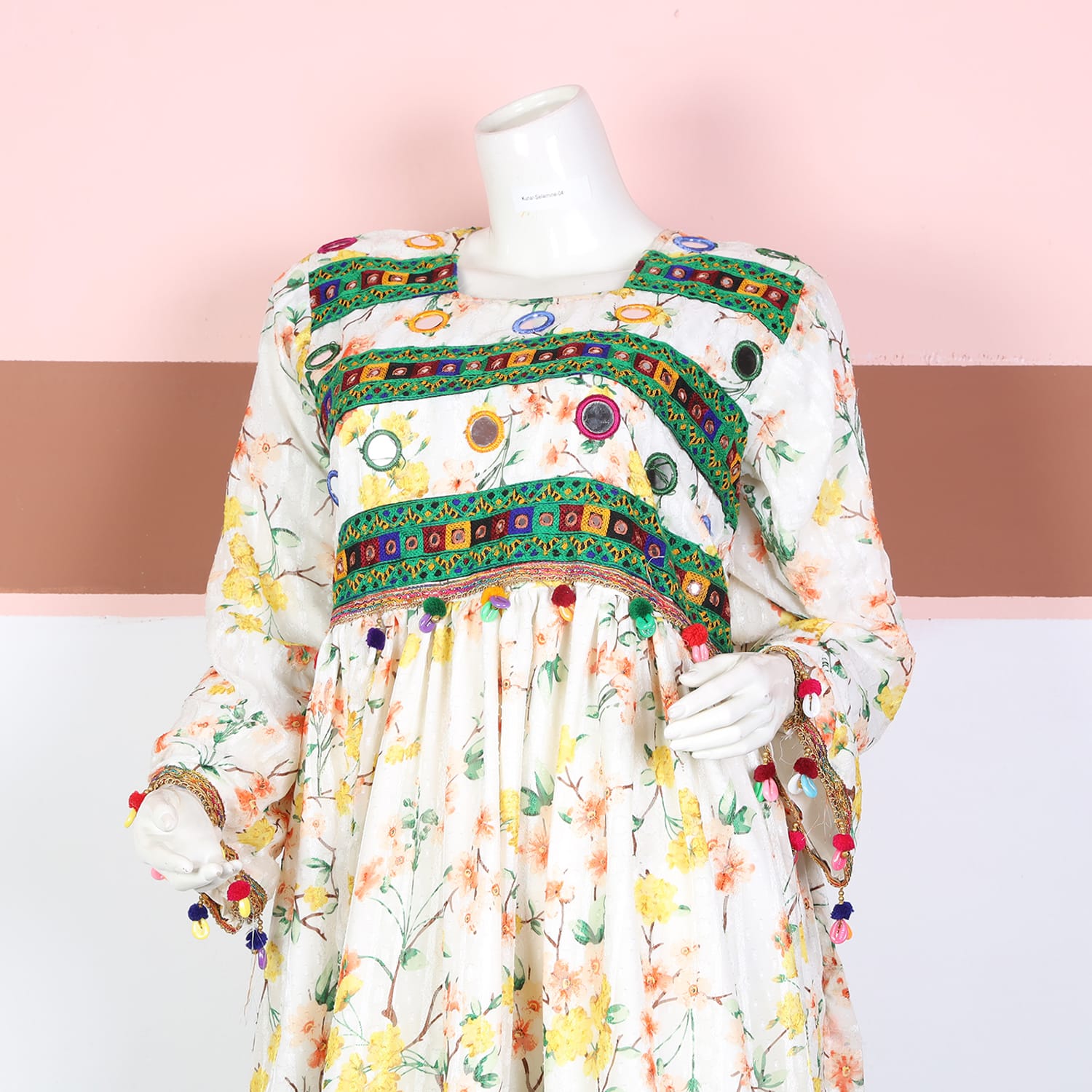 Floral Printed White Afghan Dress with Multicolor Mirror and Pom-Pom Embellishments