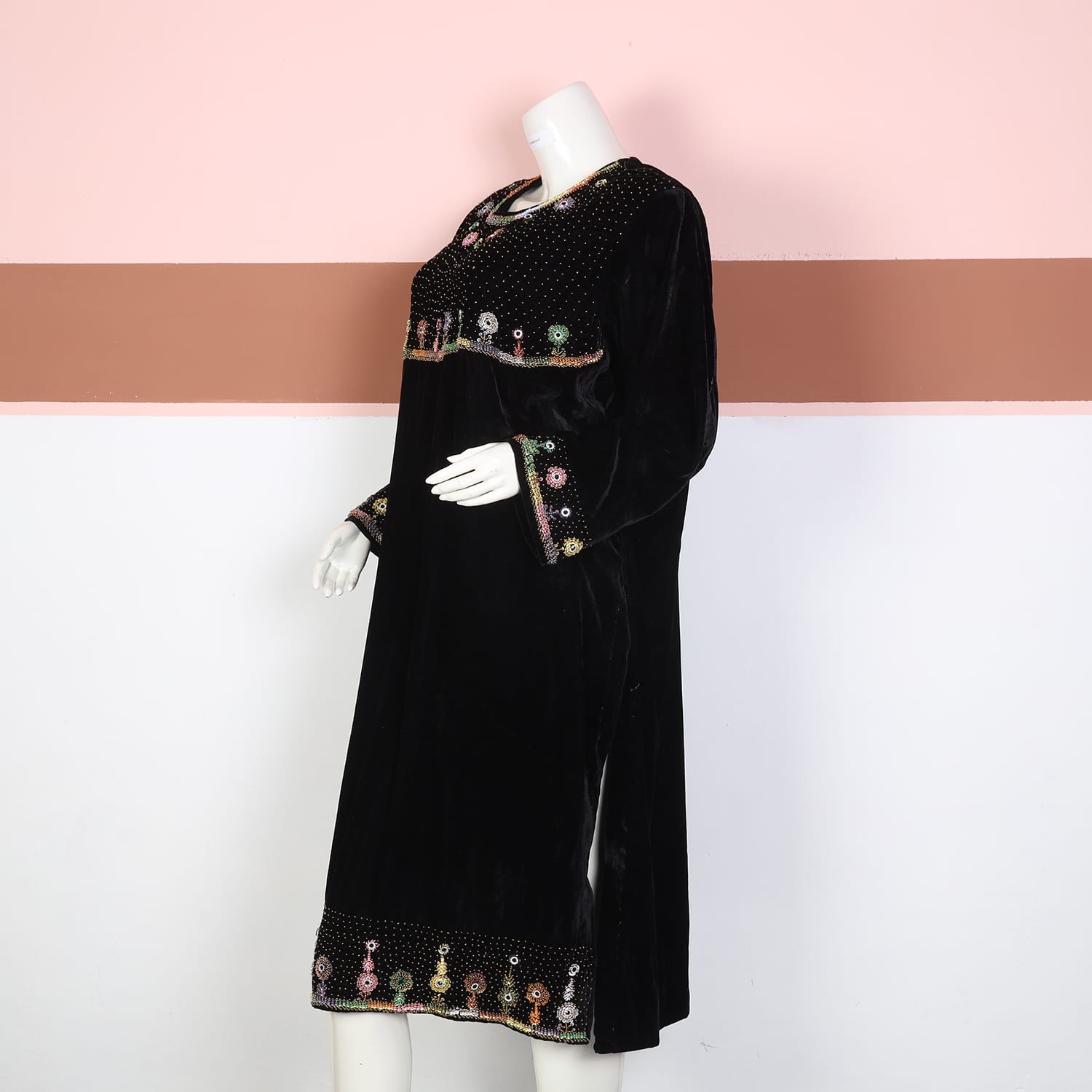Black Velvet Afghan Dress with Multicolor Beaded Embroidery