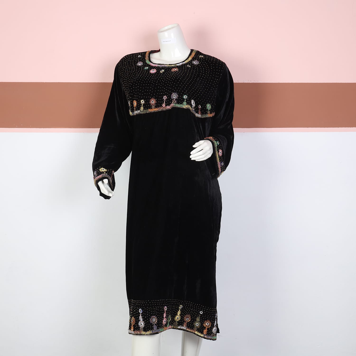 Black Velvet Afghan Dress with Multicolor Beaded Embroidery