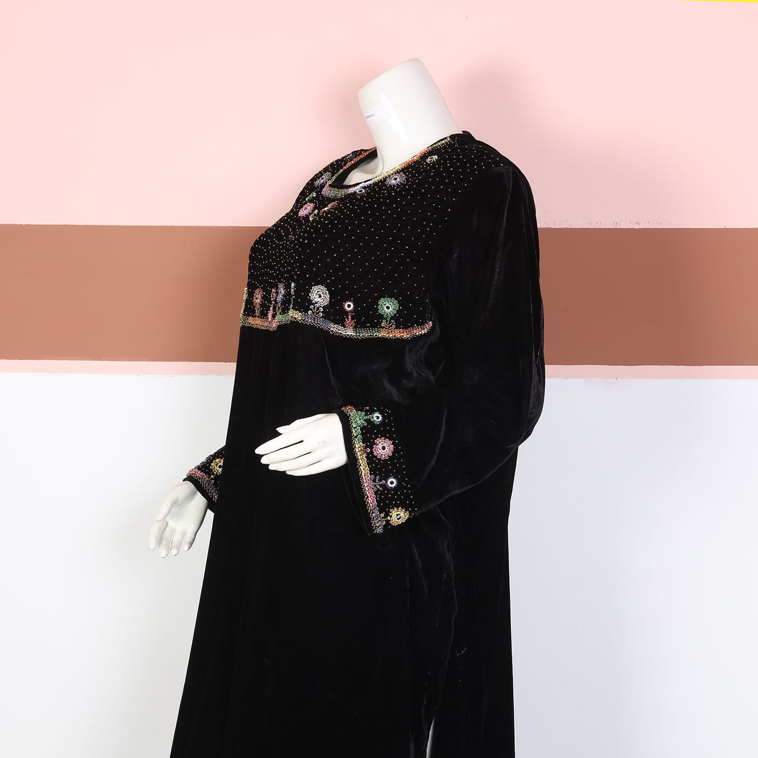Black Velvet Afghan Dress with Multicolor Beaded Embroidery