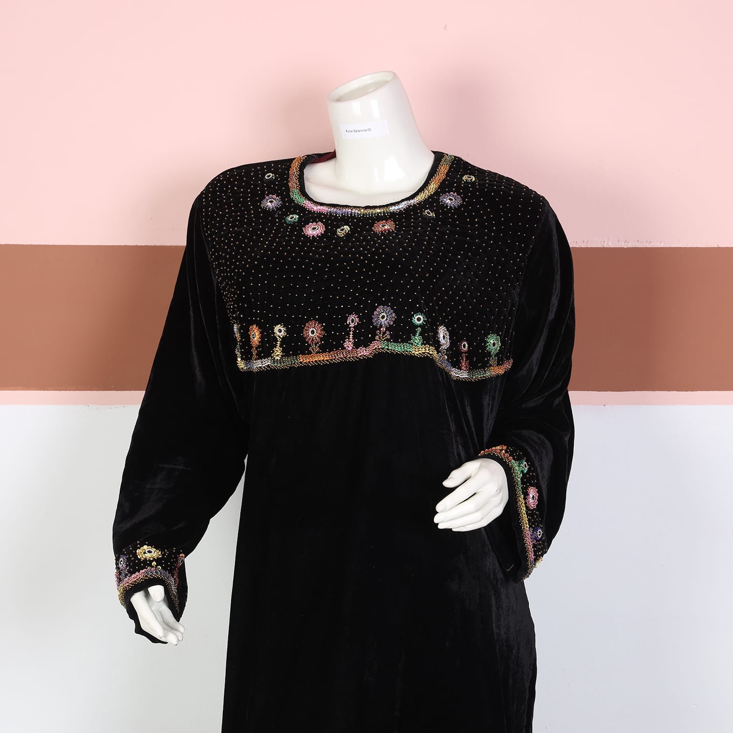 Black Velvet Afghan Dress with Multicolor Beaded Embroidery
