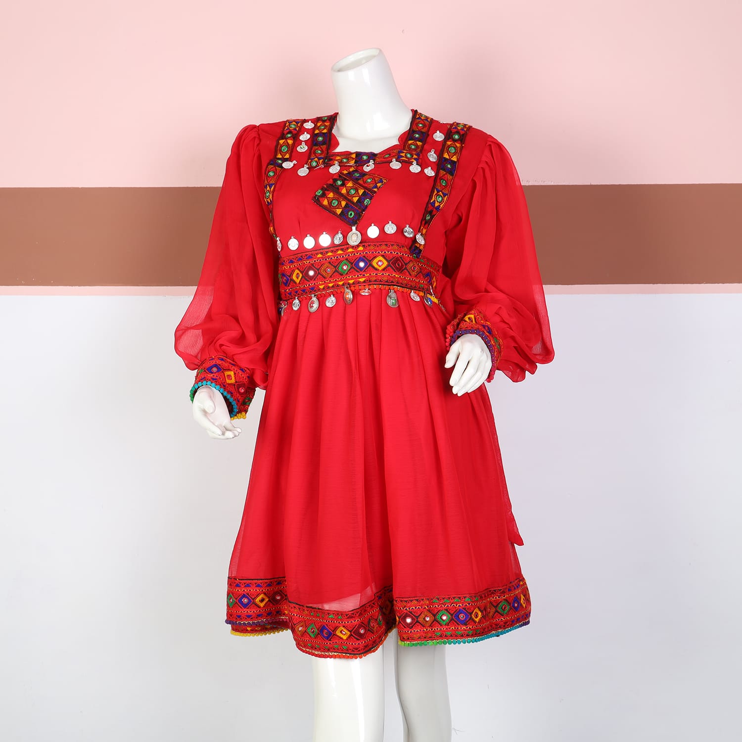 Red Traditional Afghan Dress with Colorful Embroidery and Coin Embellishments