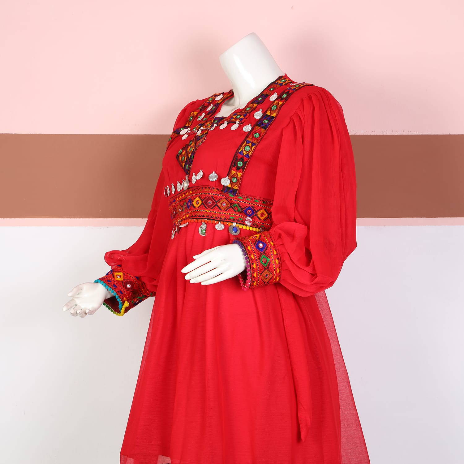 Red Traditional Afghan Dress with Colorful Embroidery and Coin Embellishments