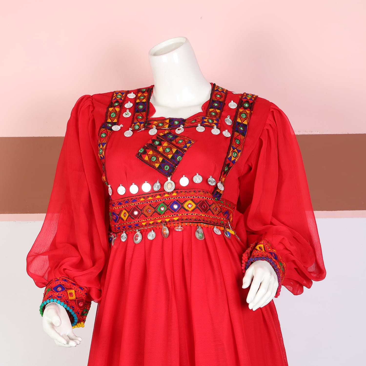 Red Traditional Afghan Dress with Colorful Embroidery and Coin Embellishments