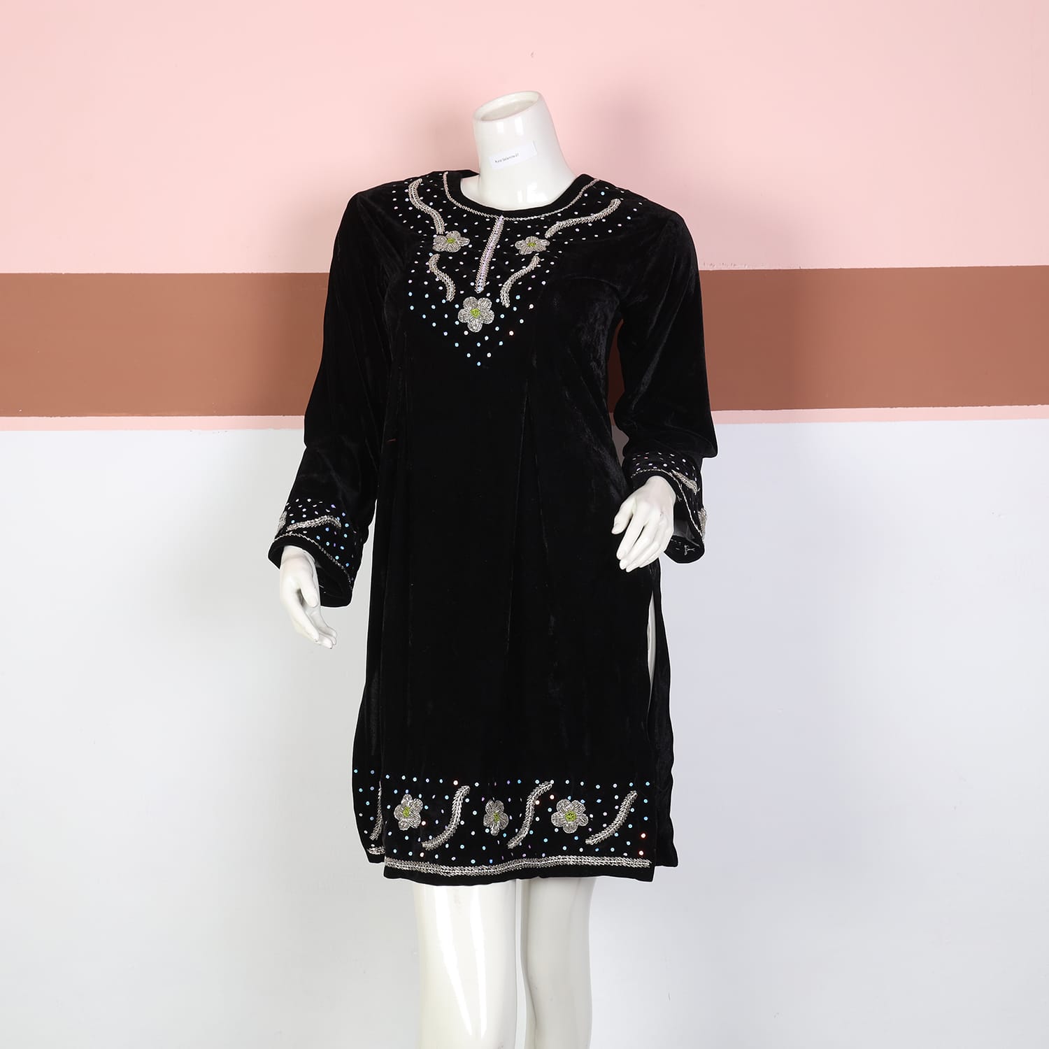 Black Velvet Afghan Dress with Crystal With  Floral Embellishments