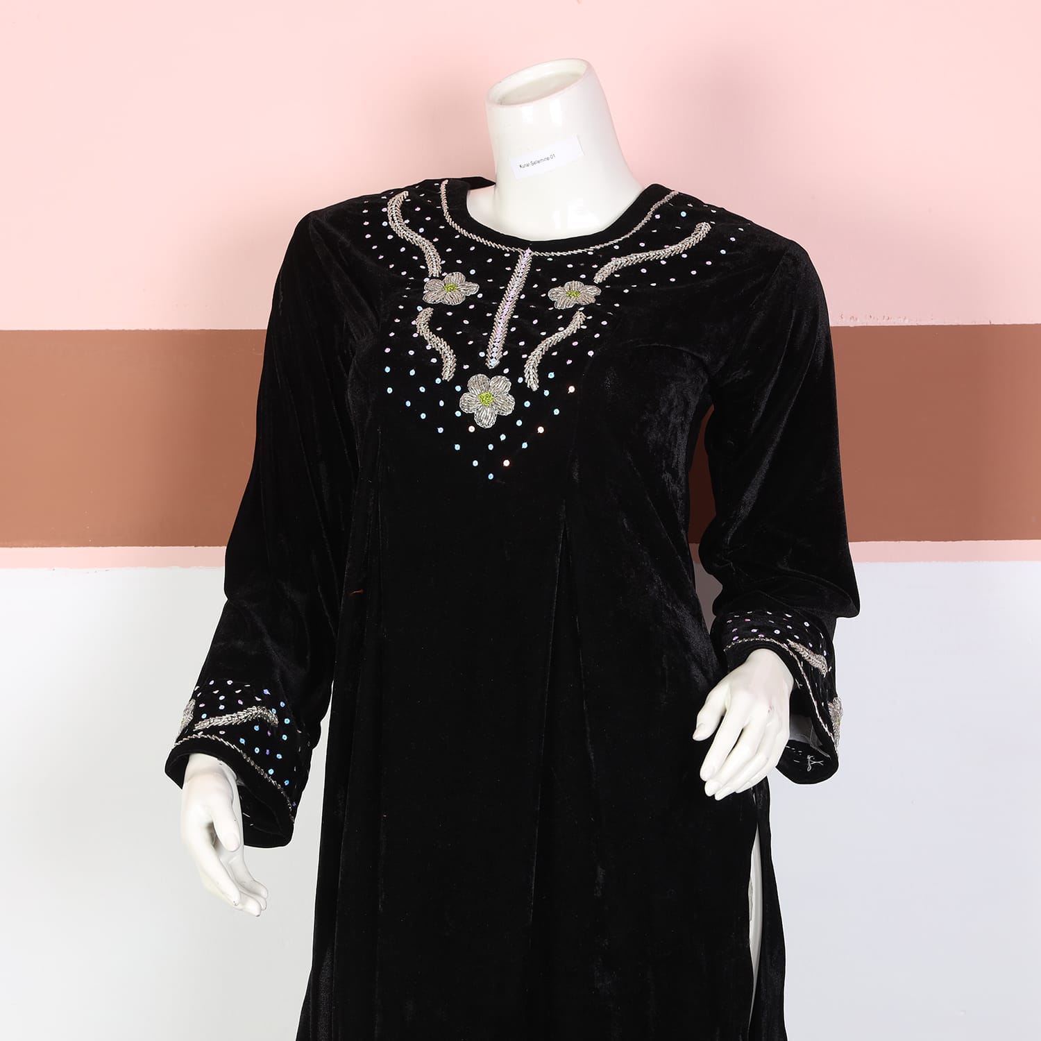 Black Velvet Afghan Dress with Crystal With  Floral Embellishments