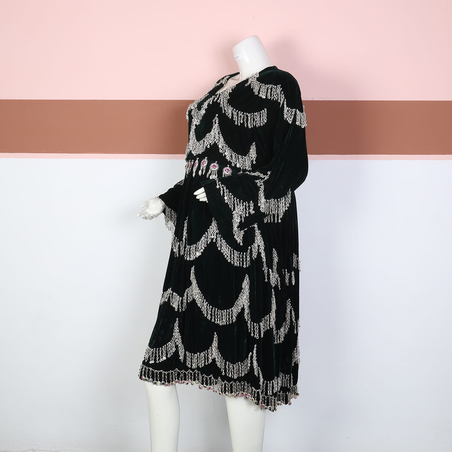 Black Velvet Afghan Dress with Silver Chain Fringe and Pink Accents