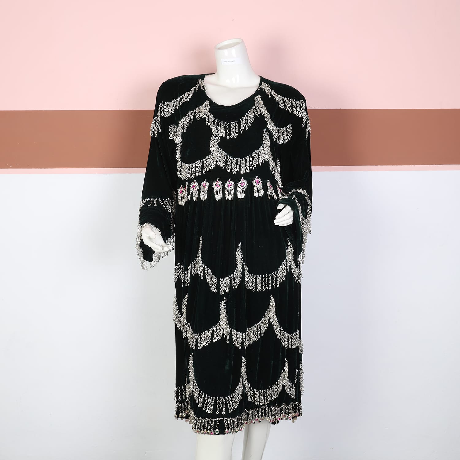 Black Velvet Afghan Dress with Silver Chain Fringe and Pink Accents