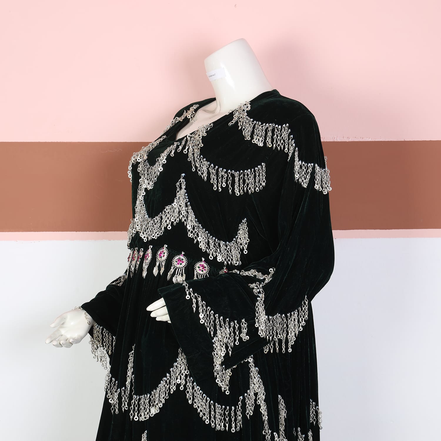 Black Velvet Afghan Dress with Silver Chain Fringe and Pink Accents