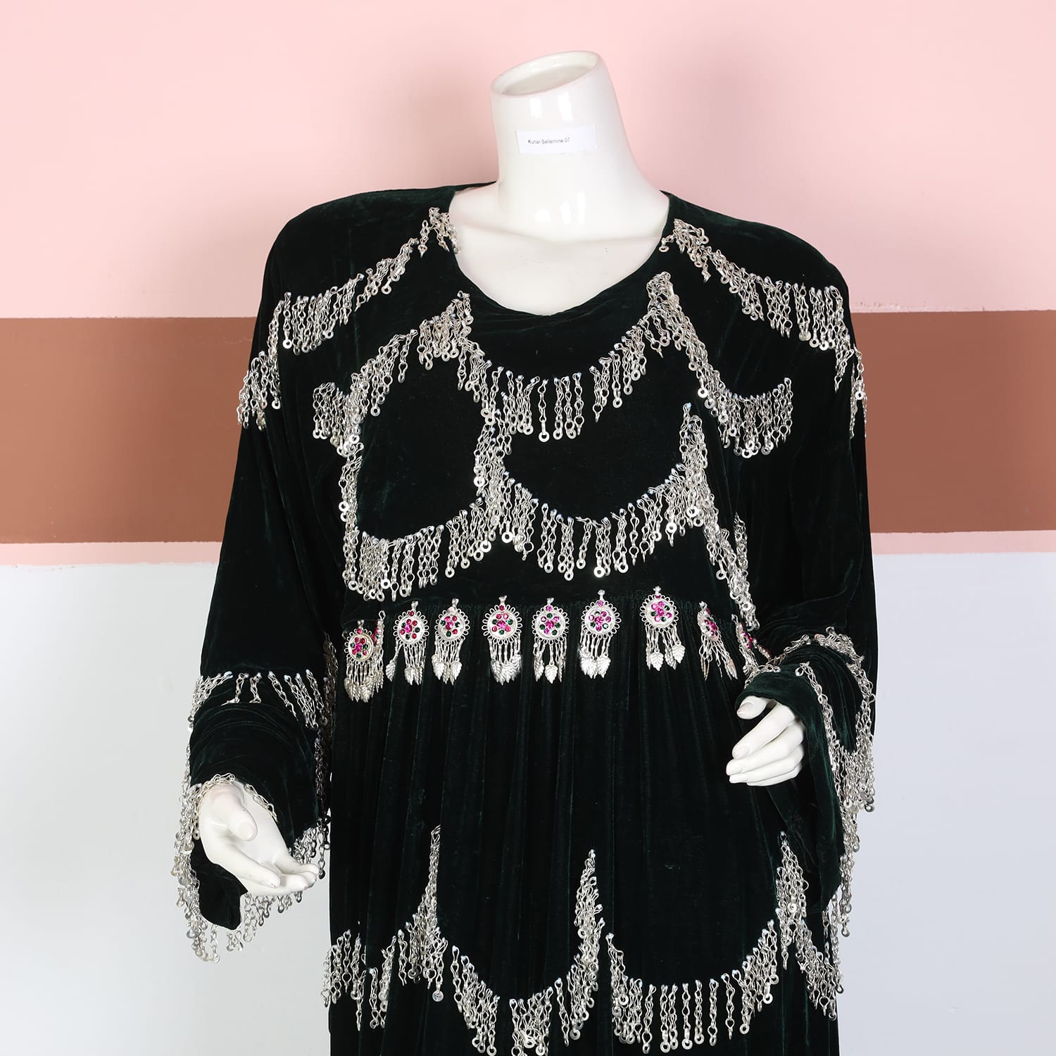 Black Velvet Afghan Dress with Silver Chain Fringe and Pink Accents