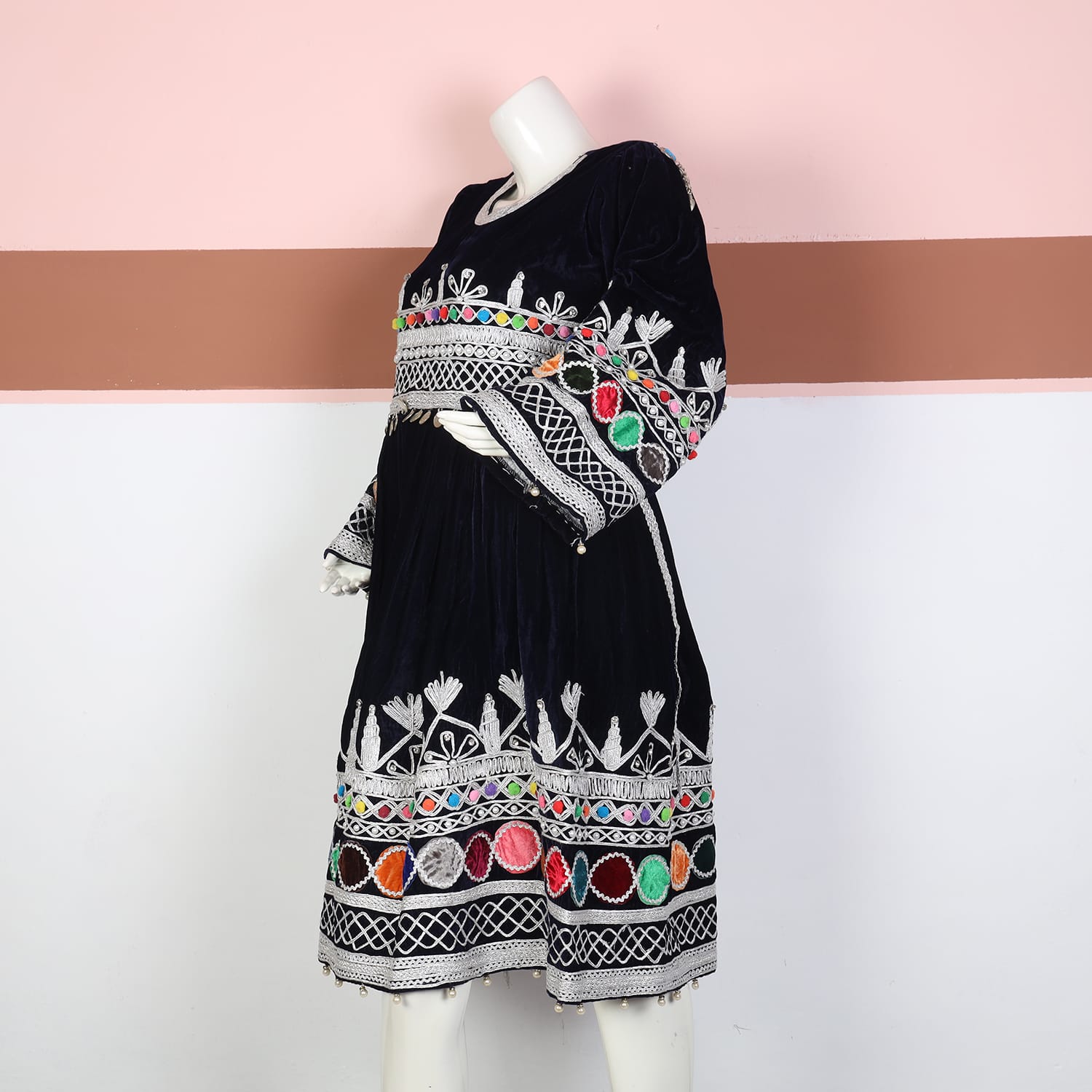 Navy Blue Velvet Afghan Dress with Silver Embroidery and Multicolor Mirror Work