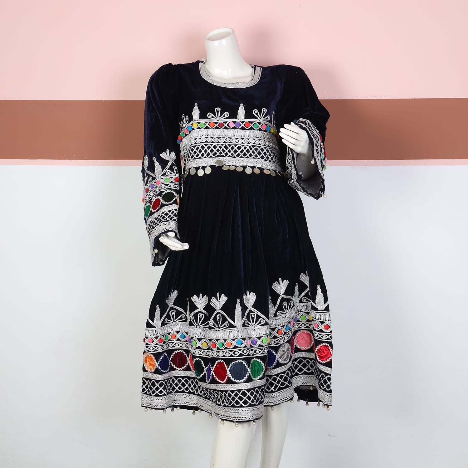 Navy Blue Velvet Afghan Dress with Silver Embroidery and Multicolor Mirror Work