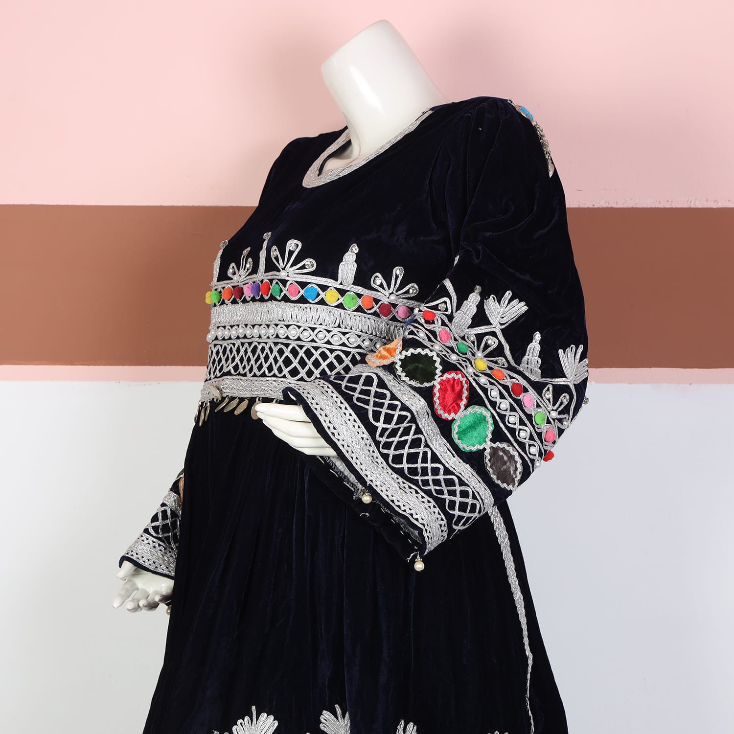 Navy Blue Velvet Afghan Dress with Silver Embroidery and Multicolor Mirror Work