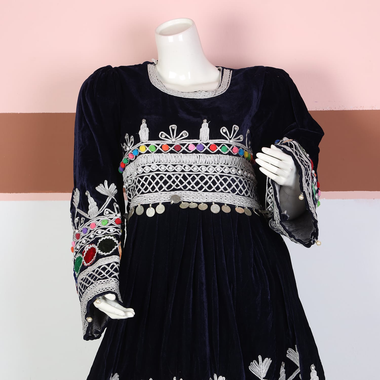 Navy Blue Velvet Afghan Dress with Silver Embroidery and Multicolor Mirror Work