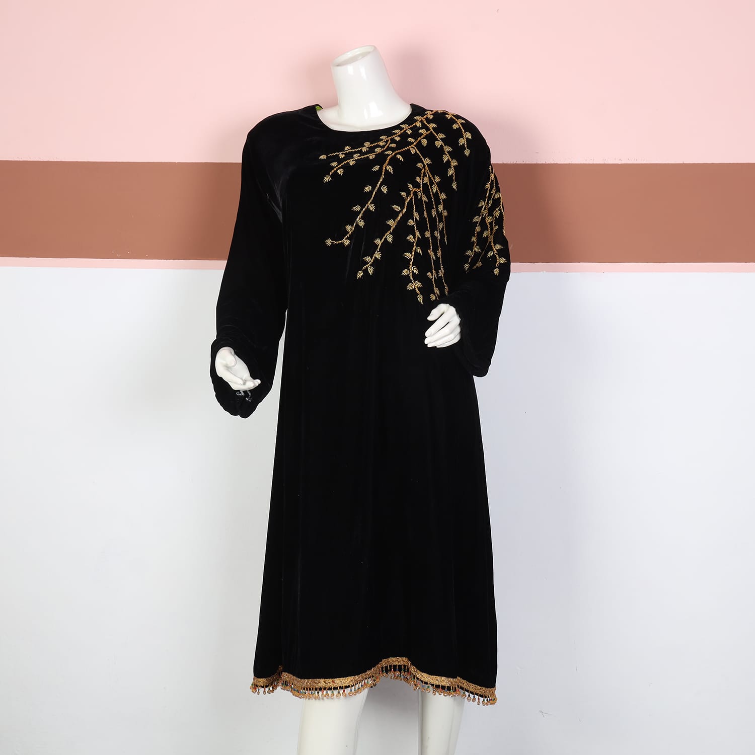 Black Velvet Afghan Dress with Golden Branch Embroidery and Beaded Hem