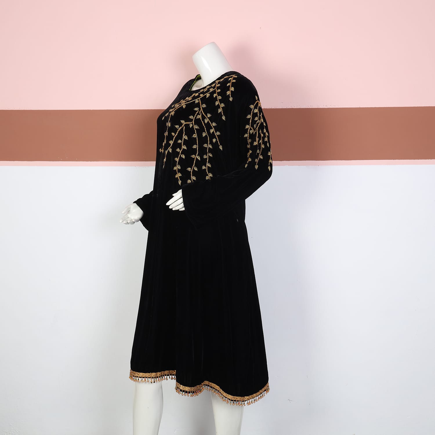 Black Velvet Afghan Dress with Golden Branch Embroidery and Beaded Hem
