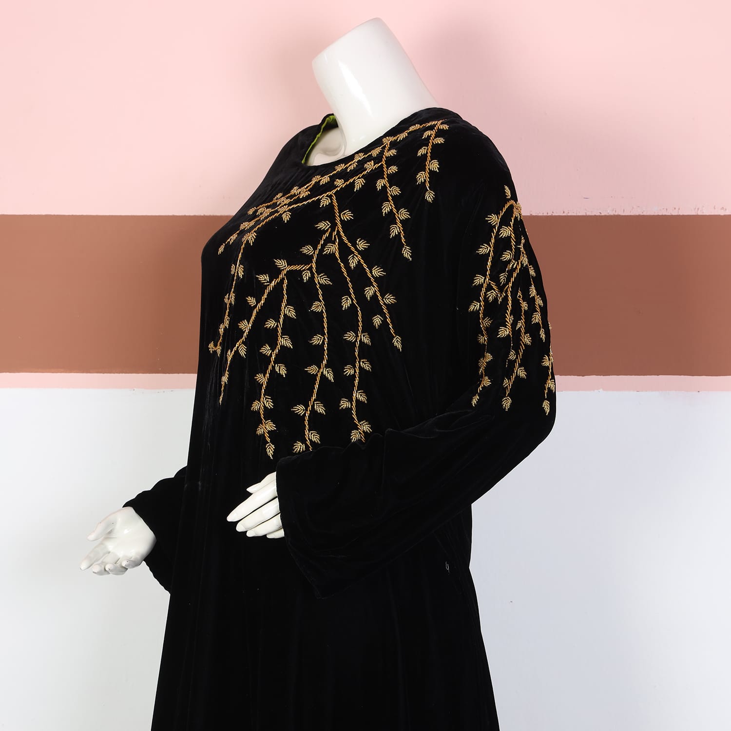 Black Velvet Afghan Dress with Golden Branch Embroidery and Beaded Hem