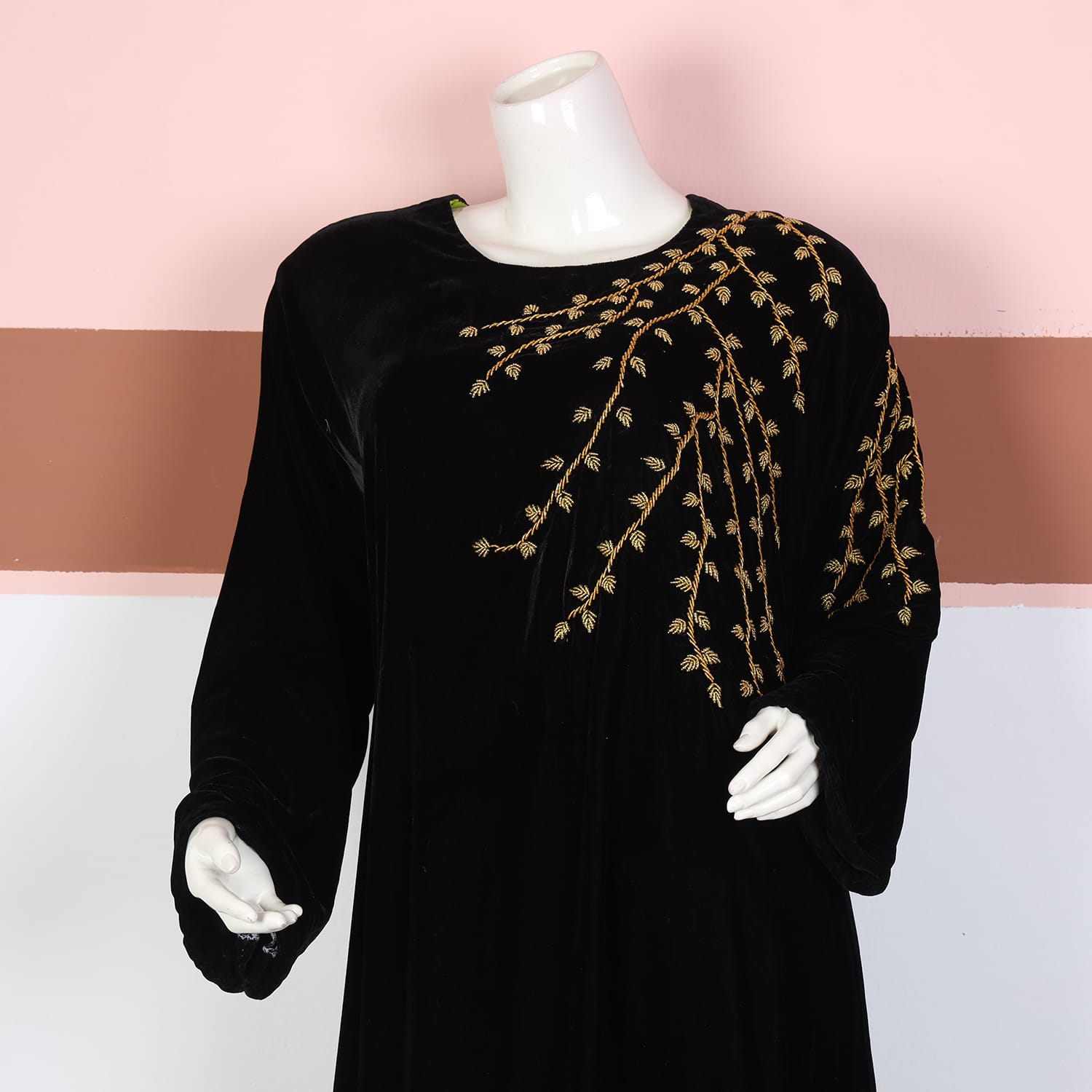 Black Velvet Afghan Dress with Golden Branch Embroidery and Beaded Hem