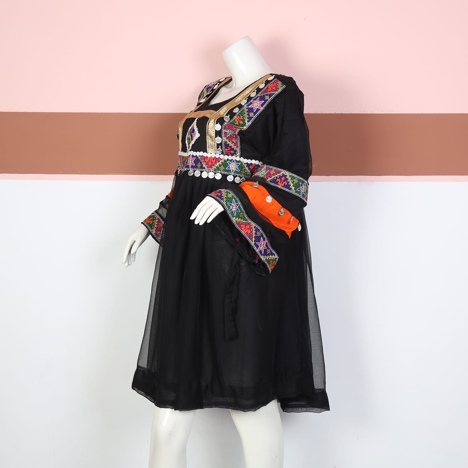 Black Traditional Afghan Chiffon Dress with Multicolor Embroidery and Coin Detailing