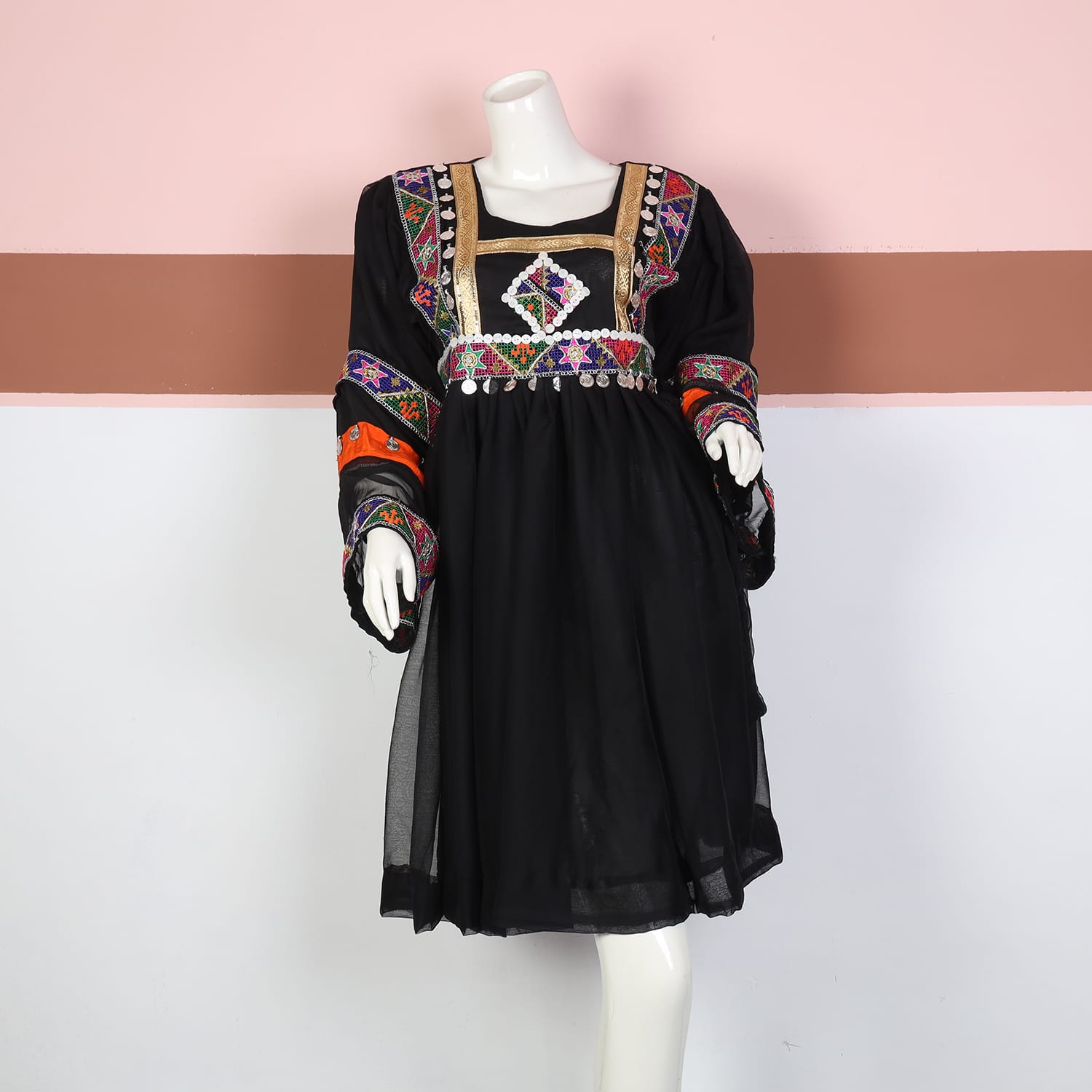 Black Traditional Afghan Chiffon Dress with Multicolor Embroidery and Coin Detailing