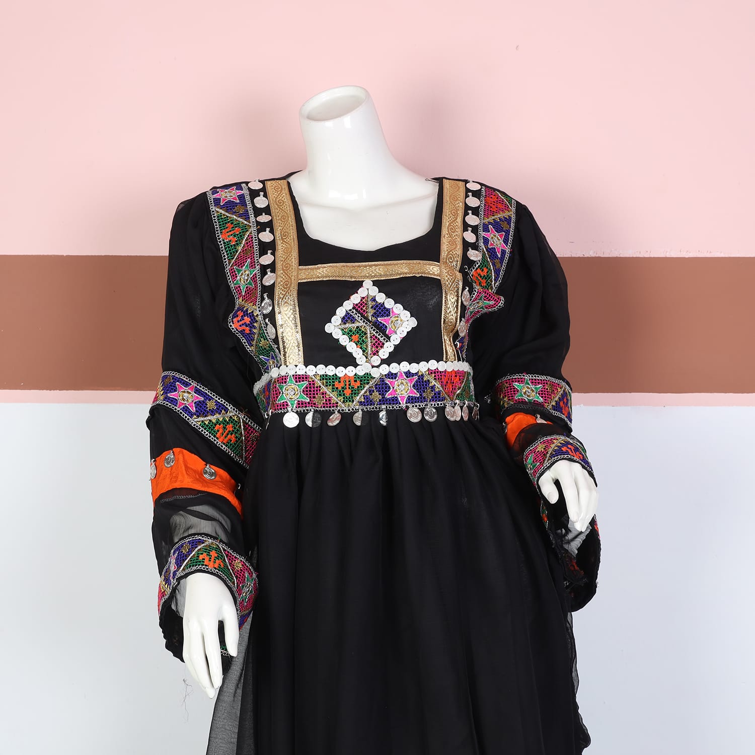 Black Traditional Afghan Chiffon Dress with Multicolor Embroidery and Coin Detailing