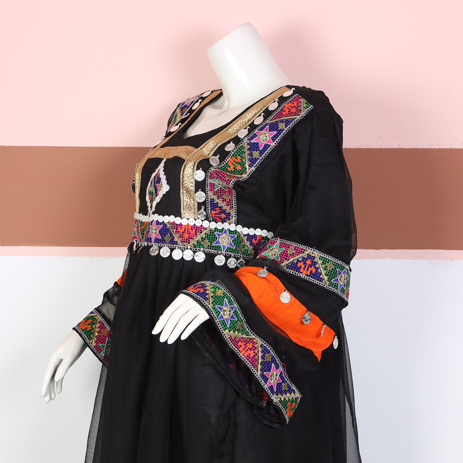 Black Traditional Afghan Chiffon Dress with Multicolor Embroidery and Coin Detailing