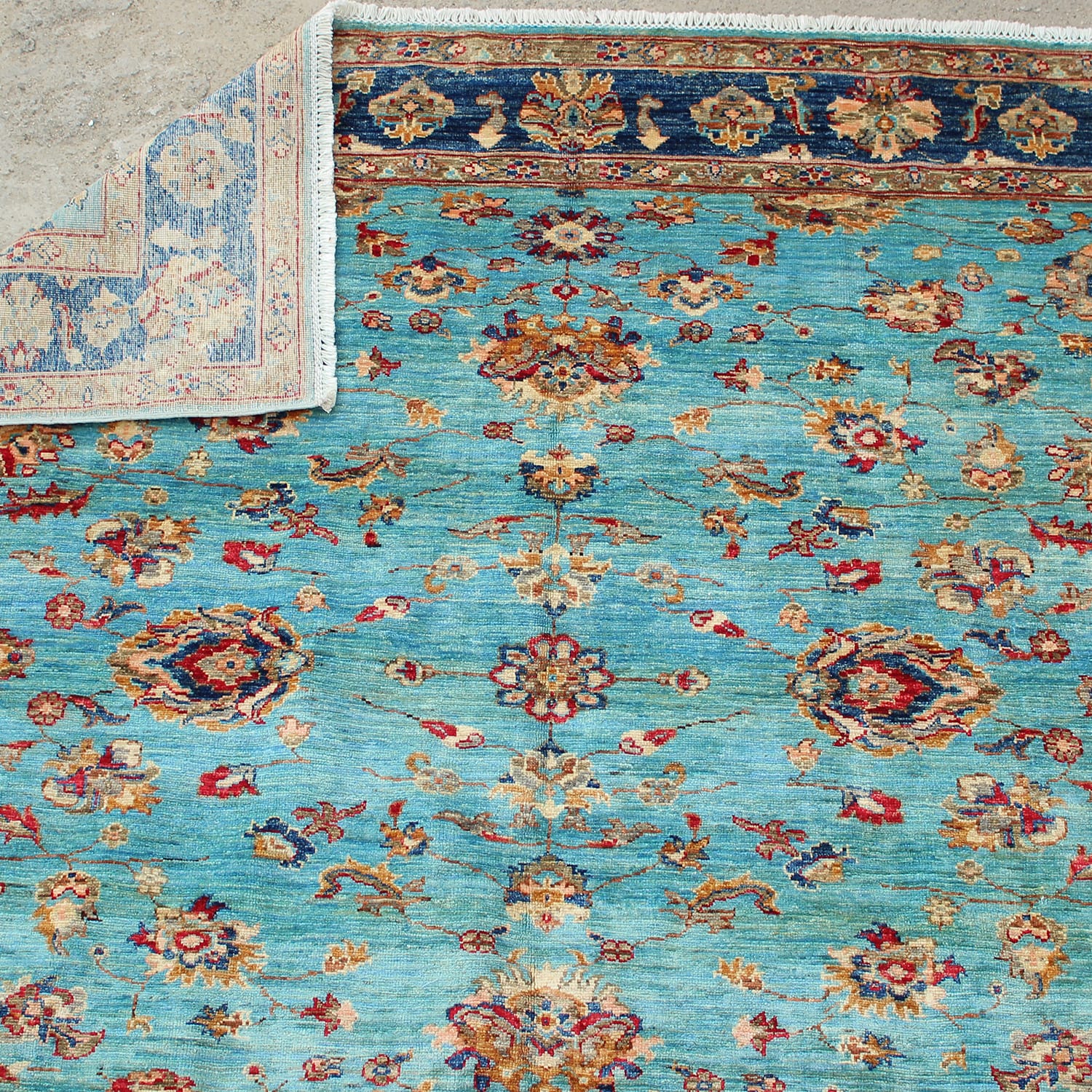 Aqua Blue Afghan Wool Rug – Floral Heritage Pattern- ft: 6.3x6.2