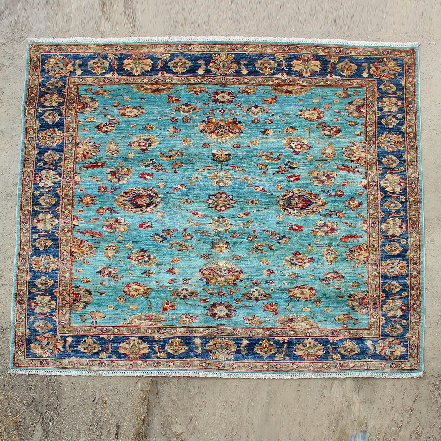 Aqua Blue Afghan Wool Rug – Floral Heritage Pattern- ft: 6.3x6.2