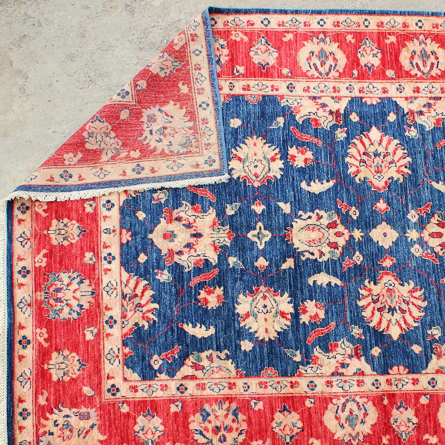 Royal Red & Navy Afghan Wool Rug – Bold Floral Classic-  ft:7.5x5.4