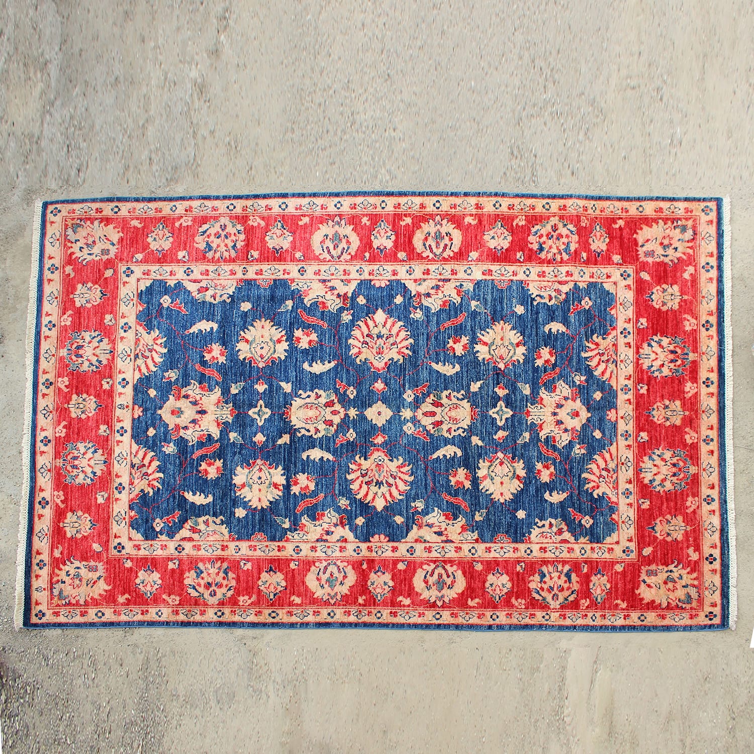 Royal Red & Navy Afghan Wool Rug – Bold Floral Classic-  ft:7.5x5.4