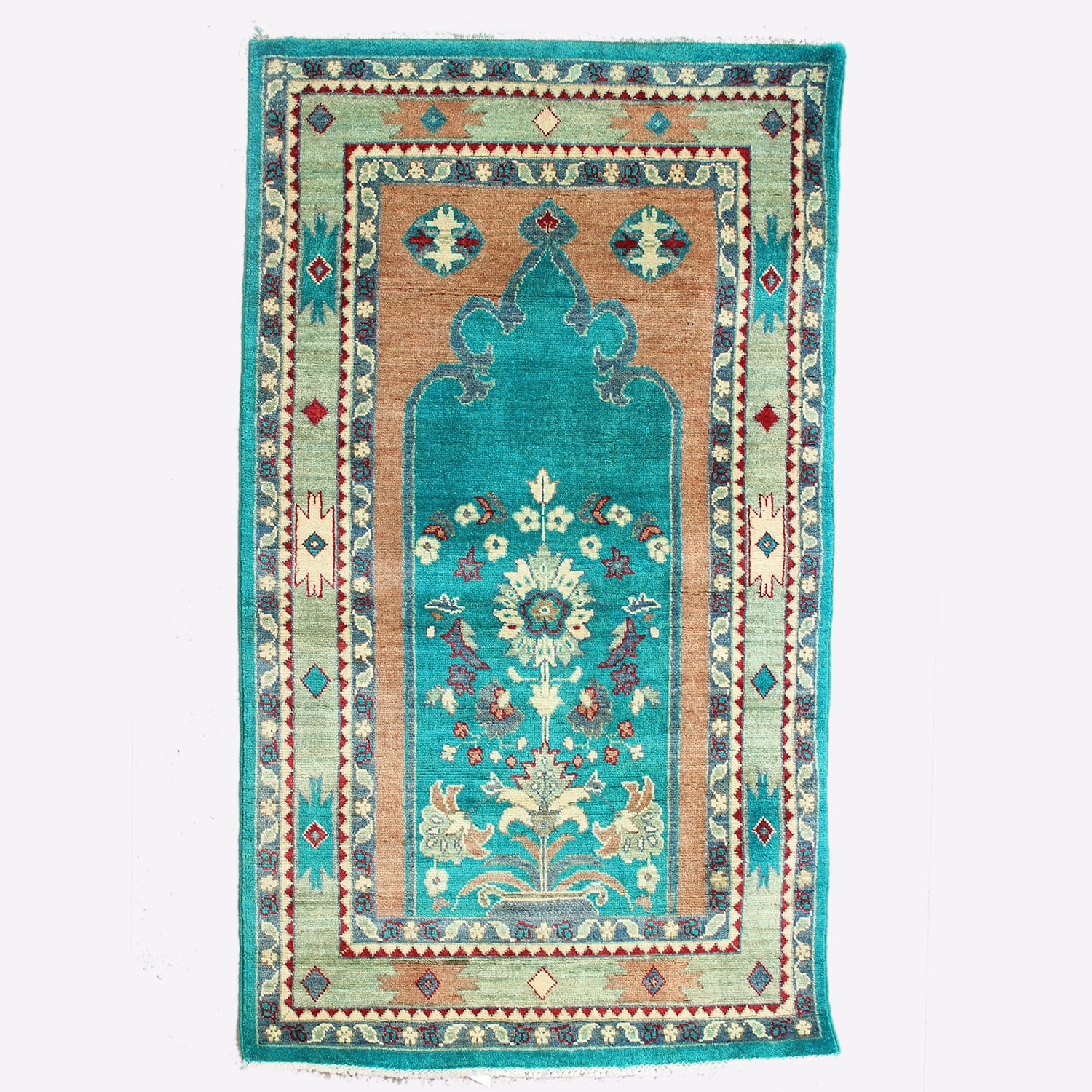 Traditional Handwoven Turquois Prayer Rug-ft: 4.30 x 2.63 