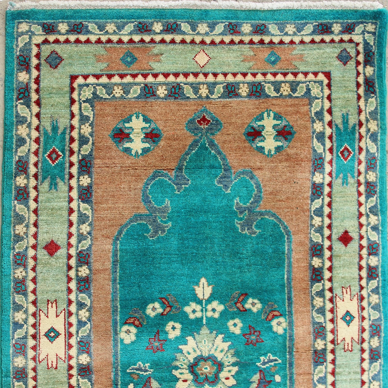 Traditional Handwoven Turquois Prayer Rug-ft: 4.30 x 2.63 