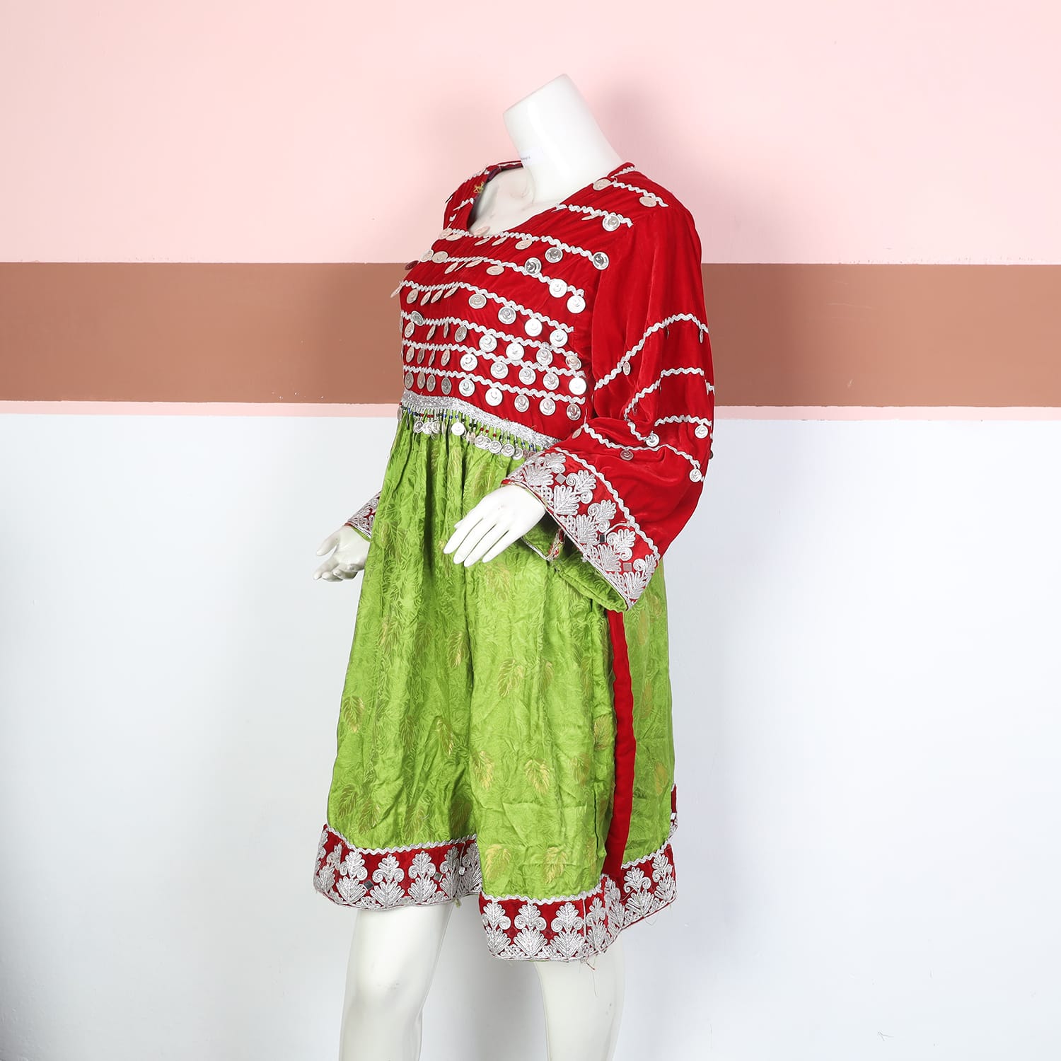 Red and Green Traditional Afghan Dress with Silver Embroidery and Coin Accents