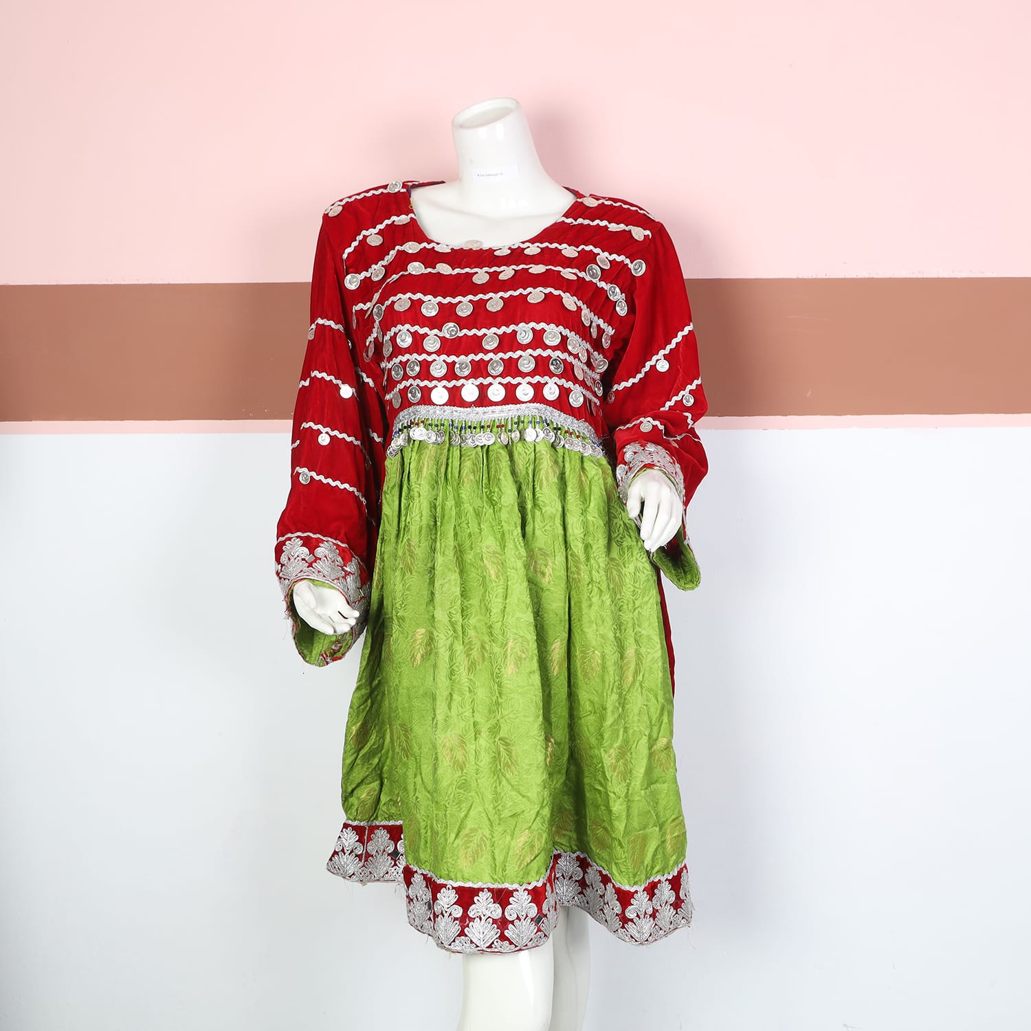 Red and Green Traditional Afghan Dress with Silver Embroidery and Coin Accents