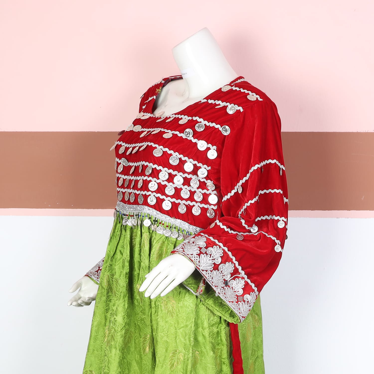 Red and Green Traditional Afghan Dress with Silver Embroidery and Coin Accents