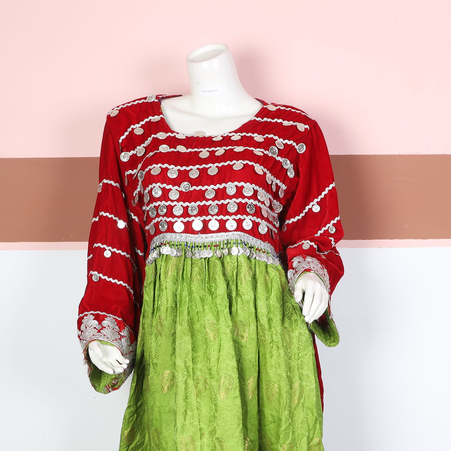 Red and Green Traditional Afghan Dress with Silver Embroidery and Coin Accents
