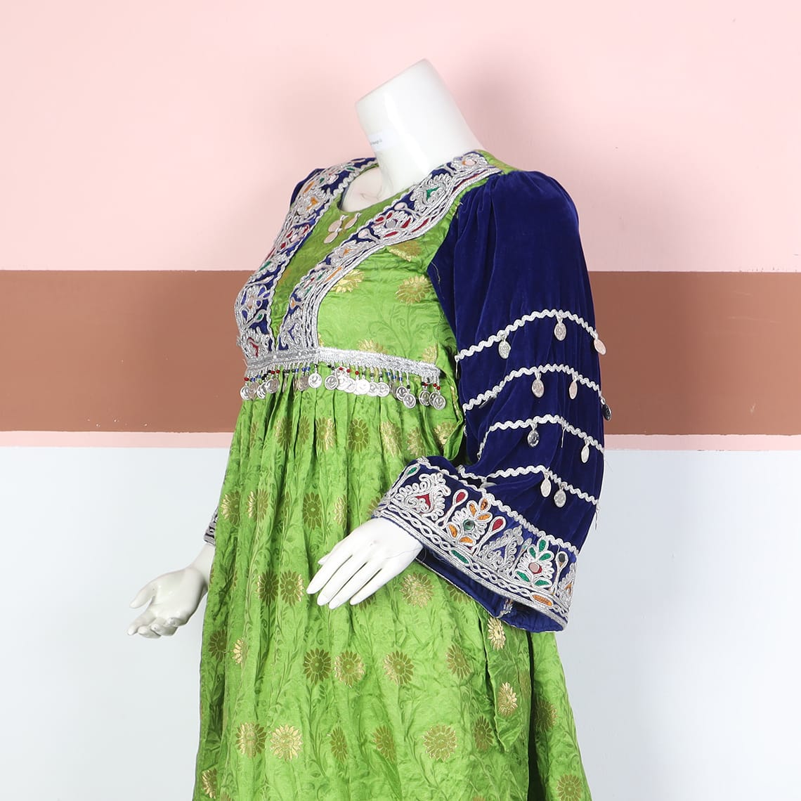 Green and Navy Blue Traditional Afghan Dress with Embroidery and Coin Detailing
