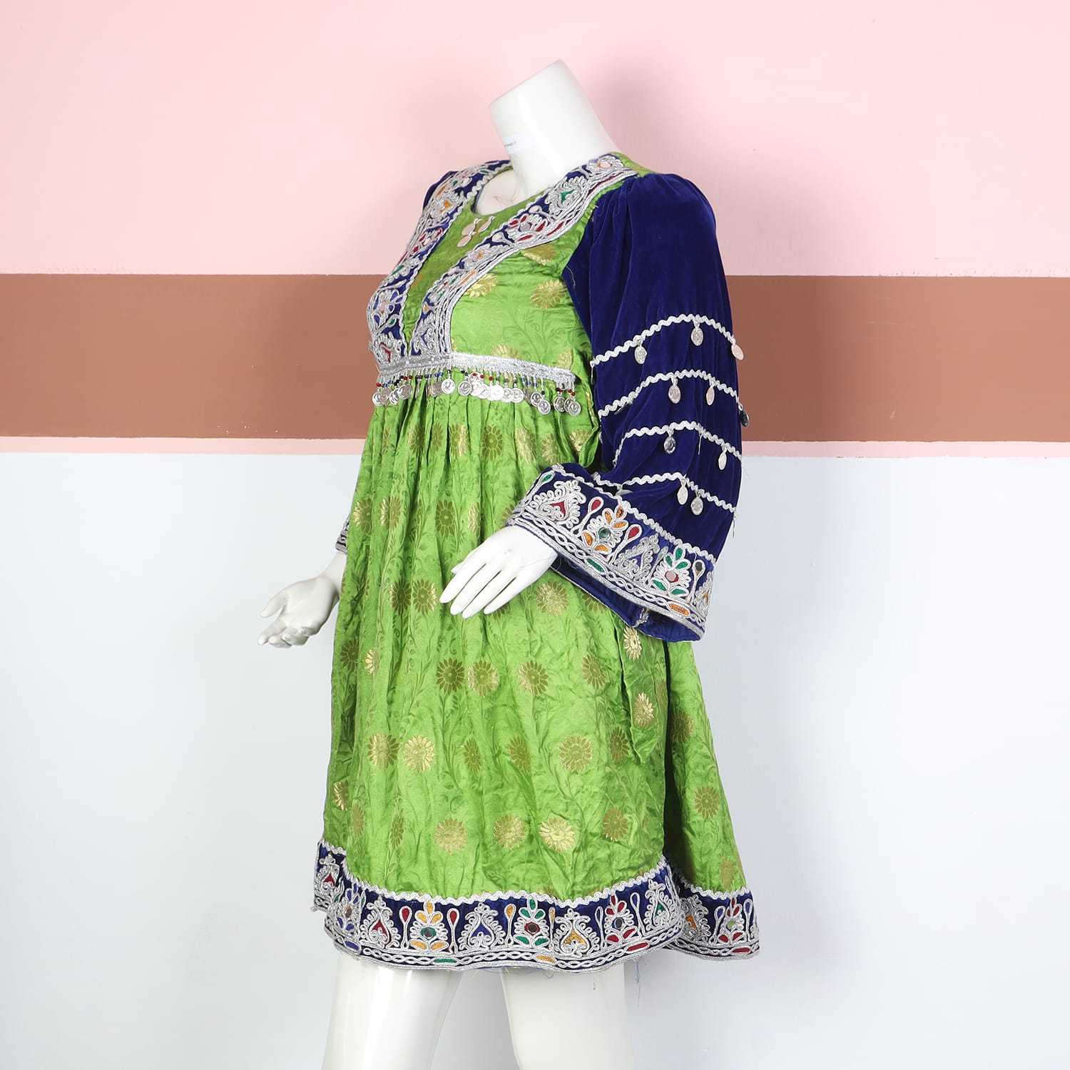 Green and Navy Blue Traditional Afghan Dress with Embroidery and Coin Detailing
